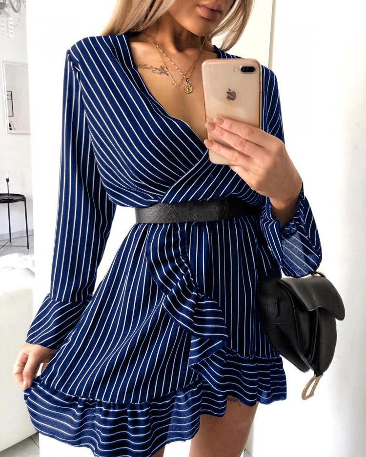 

Ruffle Hem Striped Wrap Dress