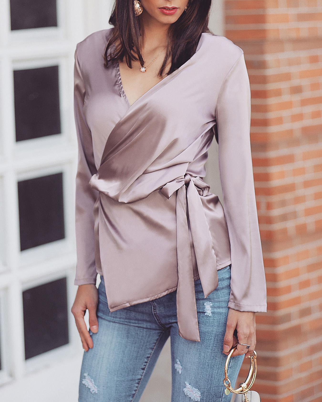 

Solid Deep V-Neck Tied Waist Blouse, Red bean