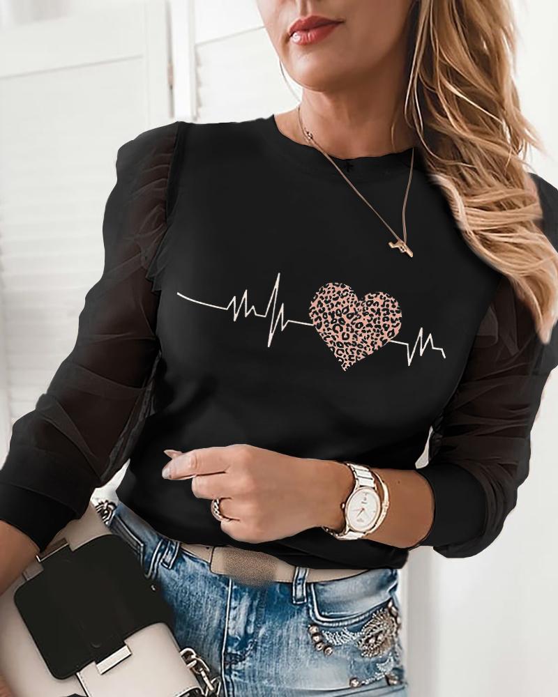 

Cheetah Heart Print Puff Sleeve Top, Black