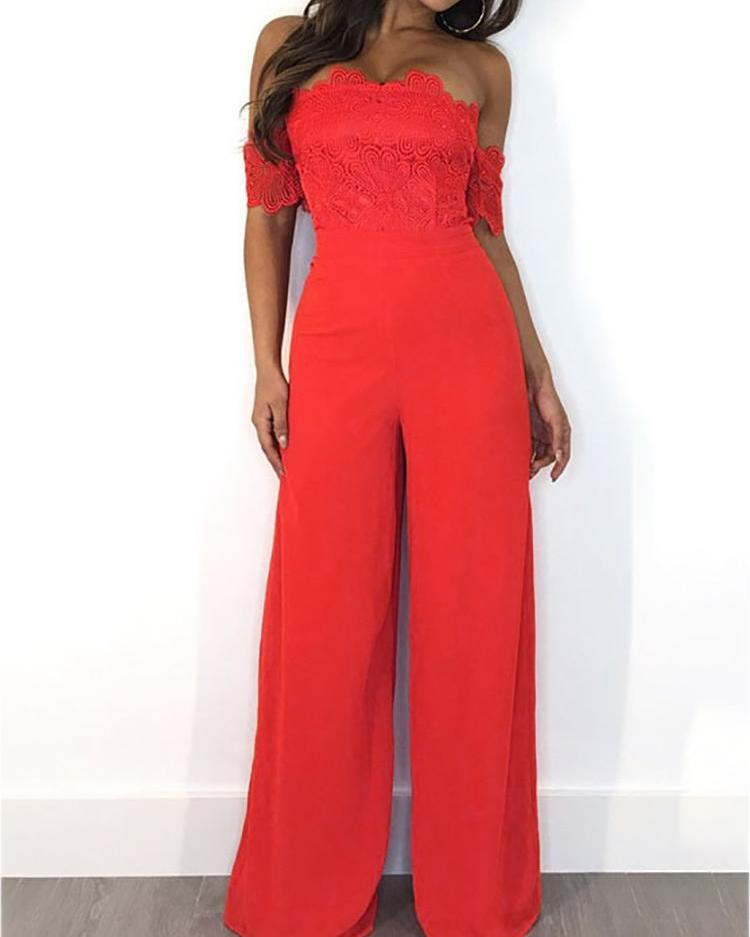 

Lace Splicing Off Shoulder Wide Leg Jumpsuits