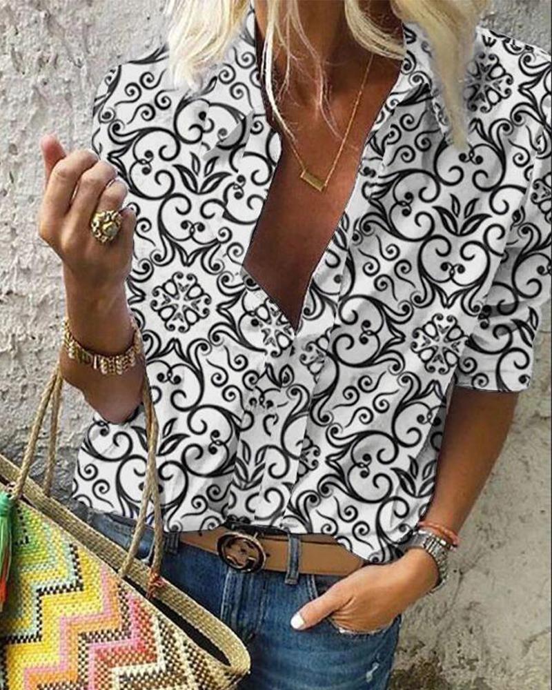 

Floral Print Button Down Blouse, White