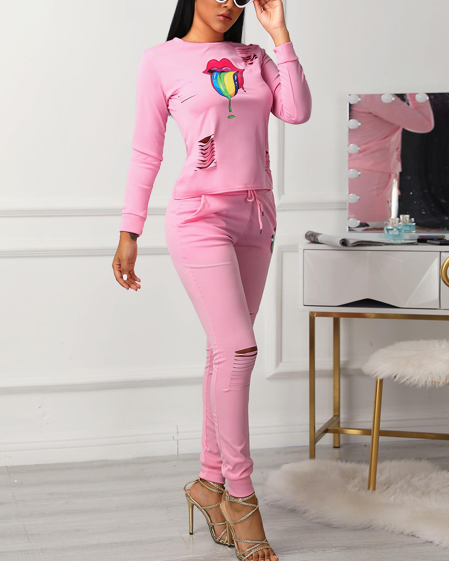 

Mouth Pattern Ribbed Tracksuit, Pink