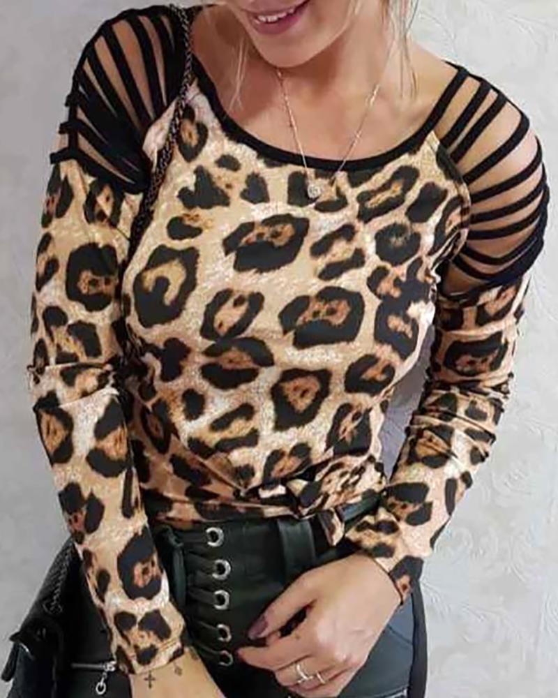 

Ladder Cut Out Long Sleeve Casual T-shirt, Leopard