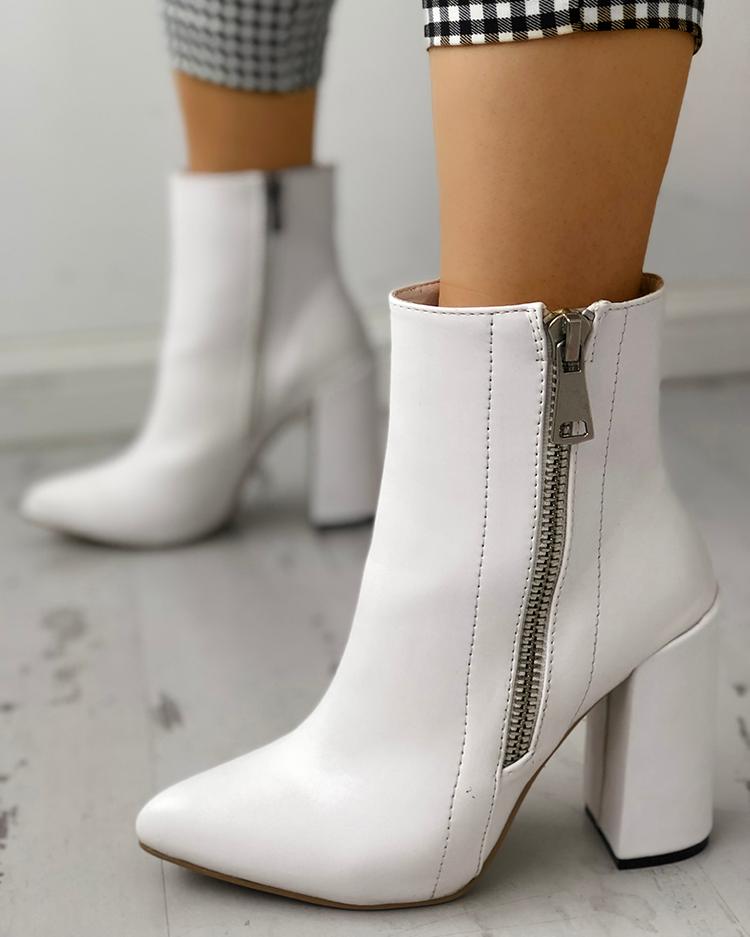 

Pointed Toe Zipper Up Chunky Heeled Boots, White