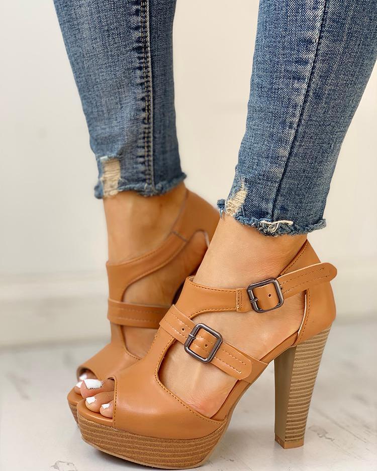 

Peep Toe Platform Chunky Heeled Sandals, Brown