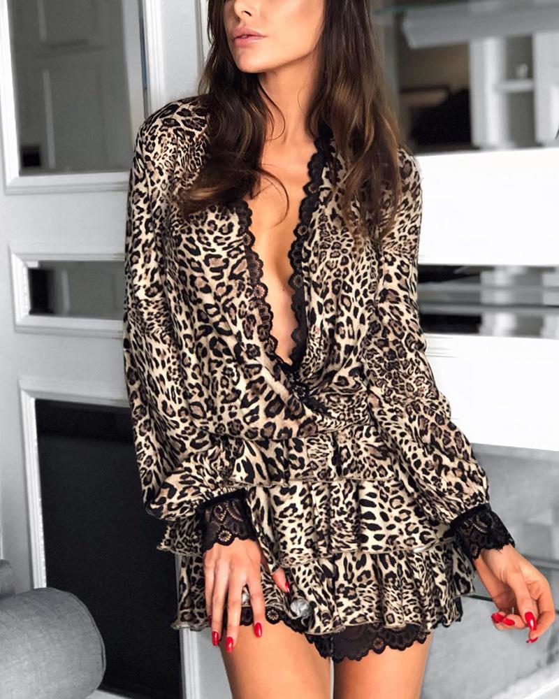 

Leopard Print Lace Insert Layered Dress