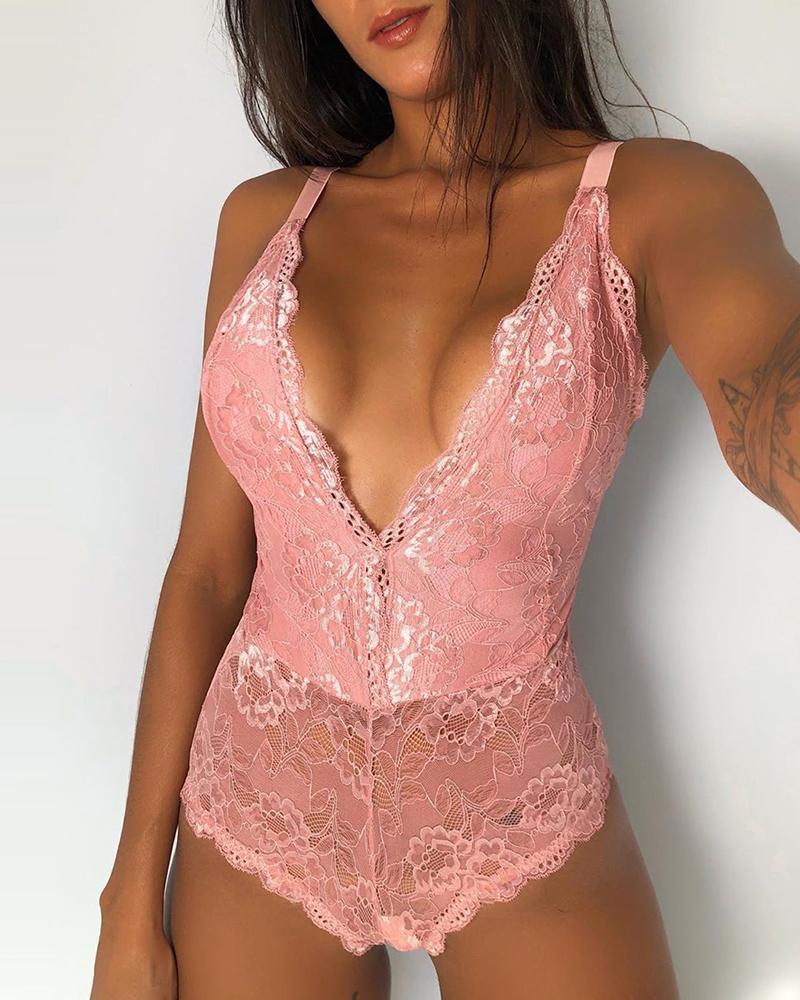 

Plunge Lace Crisscross Bandage Backless Teddies, Pink