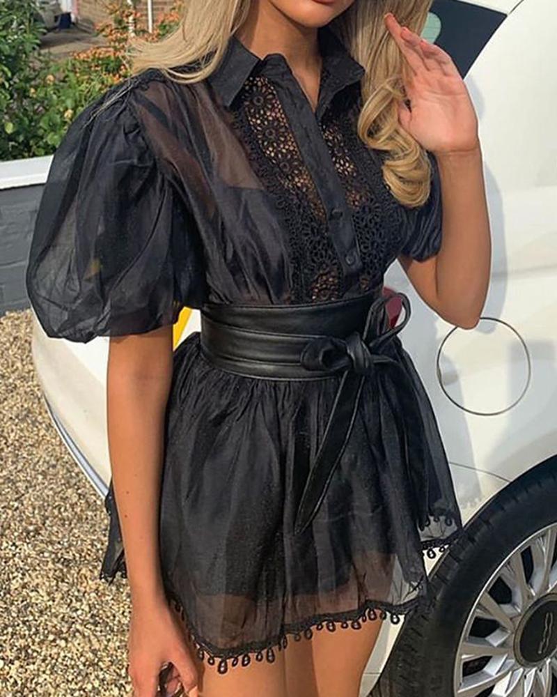 

Lace Insert Puff Sleeve Sheer Tie Waist Mini Dress, Black