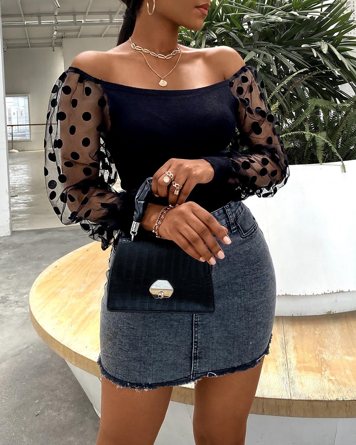 

Polkadot Flocked Mesh Sleeve Casual Top, Black