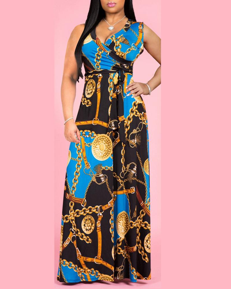 

V Neck Chain Printed Belted Maxi Dress, Blue