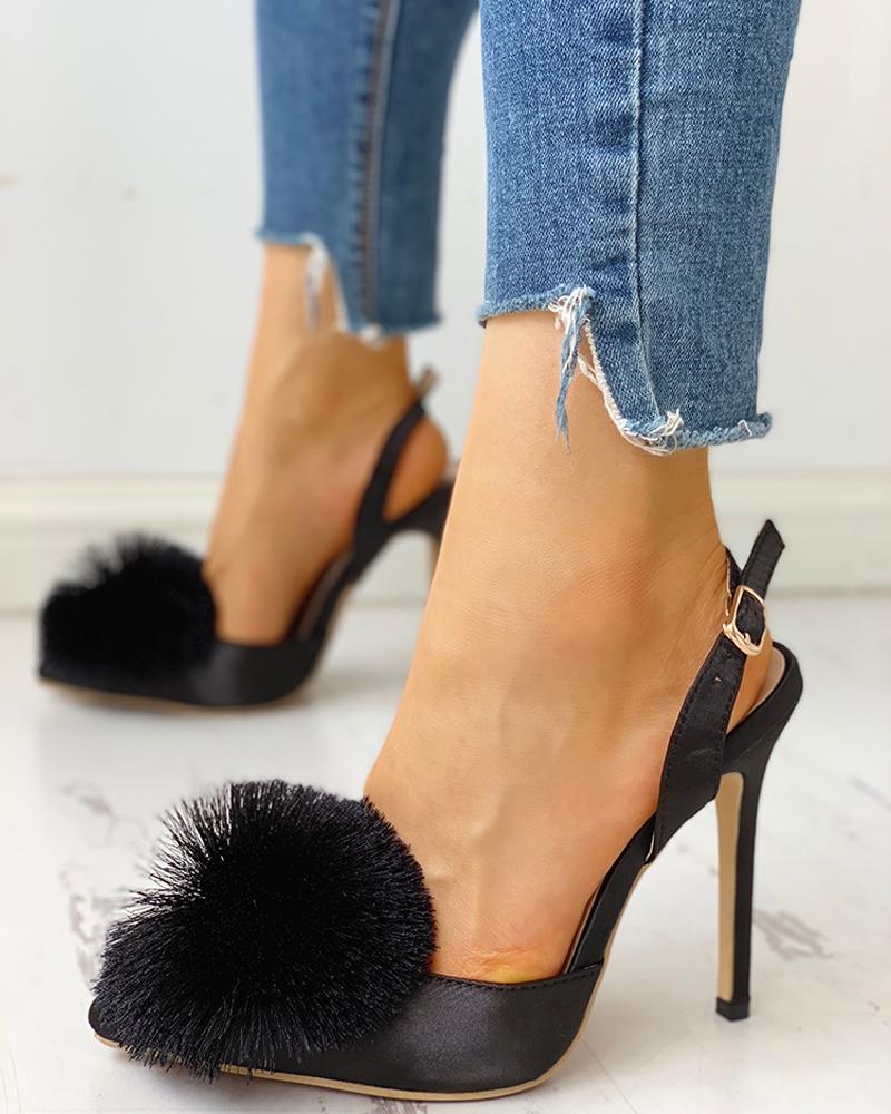 

Fluffy Ball Embellished Slingback Thin Heels, Black