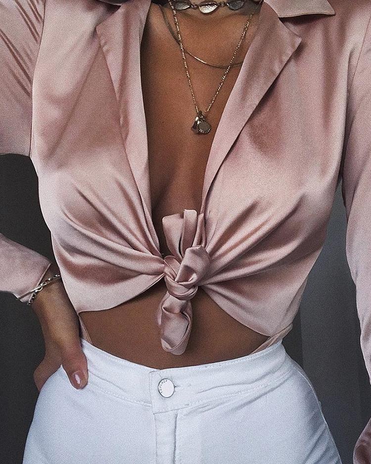 

Solid Plunge Knot Long Sleeve Bodysuit, Pink