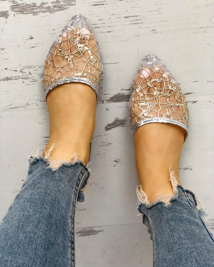 

Shiny Embellished Mesh Pointed Toe Flat Shoes, Silver