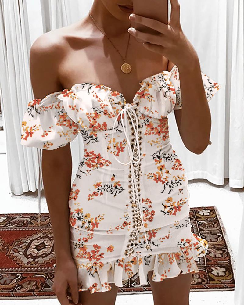 

Floral Print Off Shoulder Eyelet Lace-up Ruffles Dress, White
