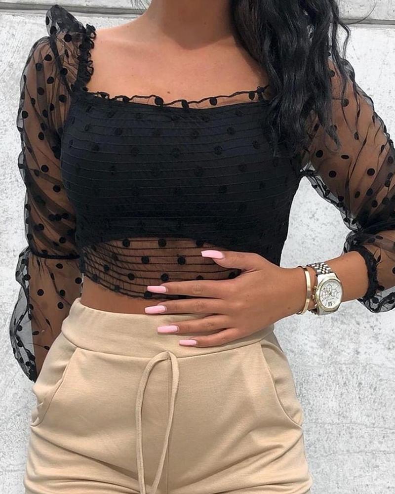 

Dot Mesh Patchwork Crop Blouse & Lining Sets, Black