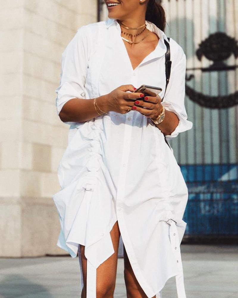 

Solid Eyelet Drawstring Design Shirt Dress, White