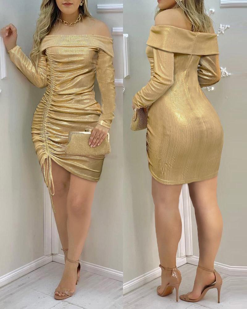 

Off Shoulder Glitter Drawstring Ruched Bodycon Dress, Gold