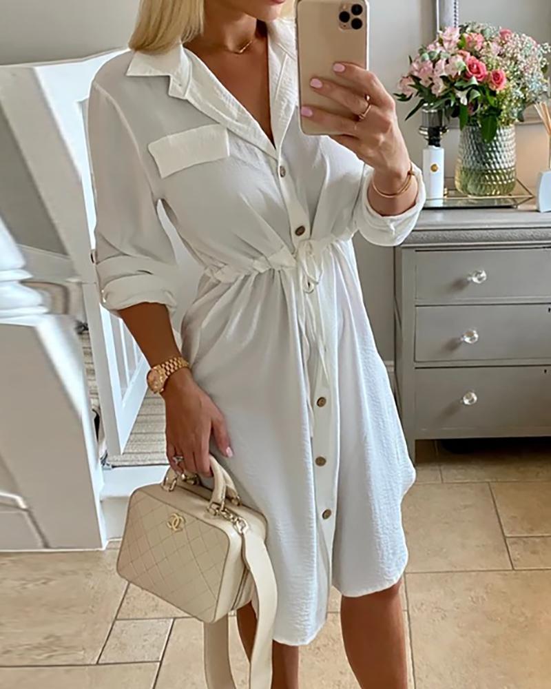 

Solid Bottoned Long Sleeve Shirt Dress, White