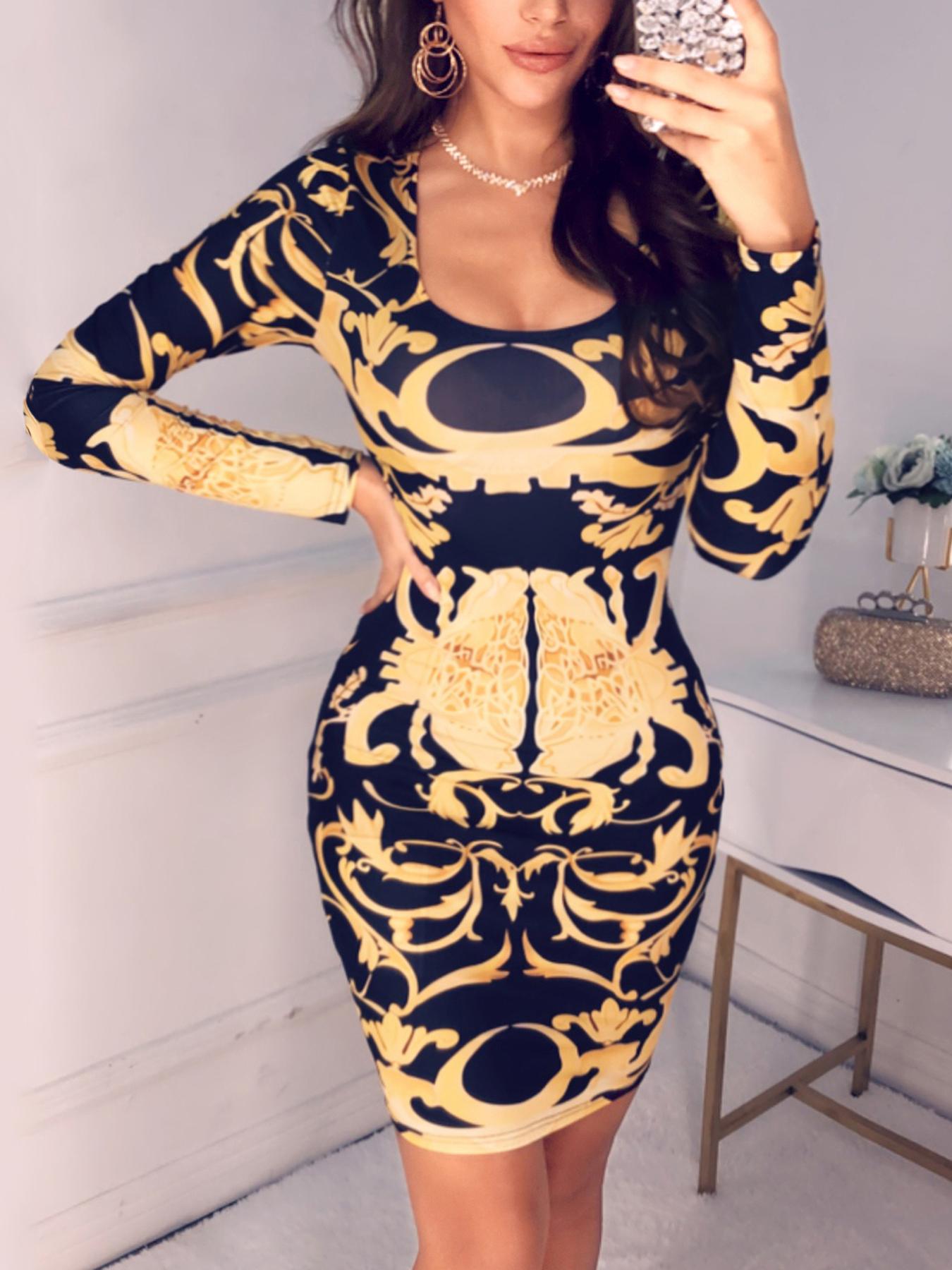

Retro Floral Print Bodycon Dress, Yellow