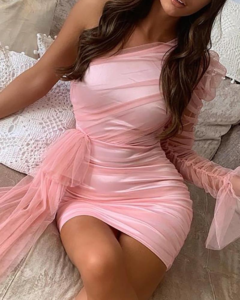 

One Shoulder Sheer Mesh Insert Ruched Bodycon Dress, Pink