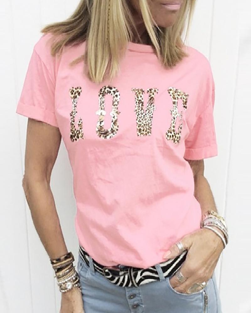 

Letter Cheetah Print Short Sleeve Casual T-shirt, Pink