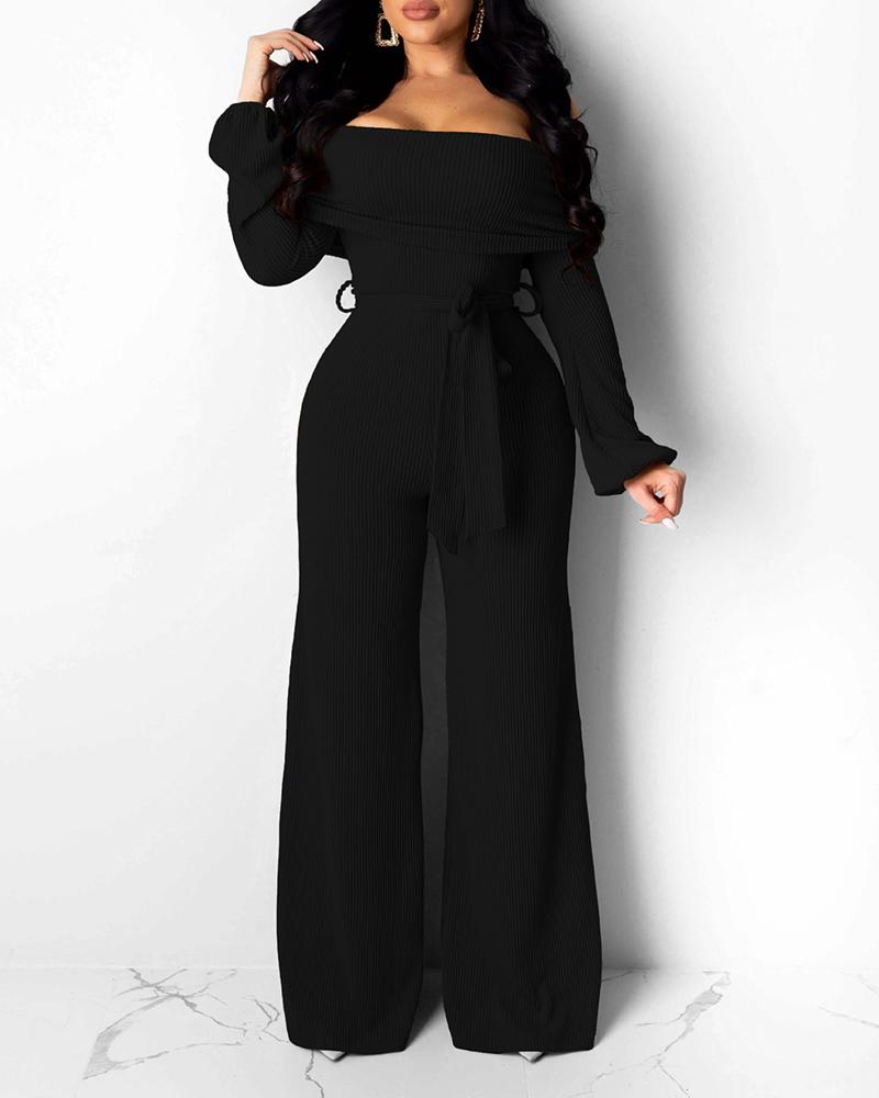 

Solid Off Shoulder Ribbed Wide Leg Jumpsuit, Black