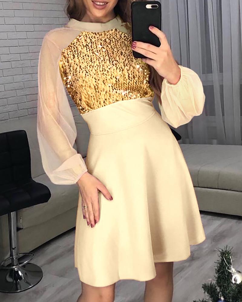 

Mesh Long Sleeve Sequins Party dress, Yellow