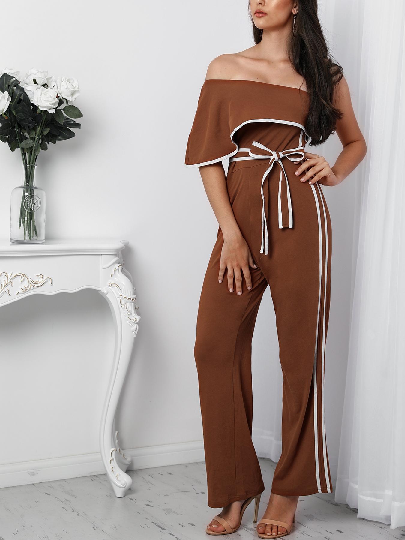 

Contrast Binding Striped Ruffle One Shoulder Belted Jumpsuit, Brown