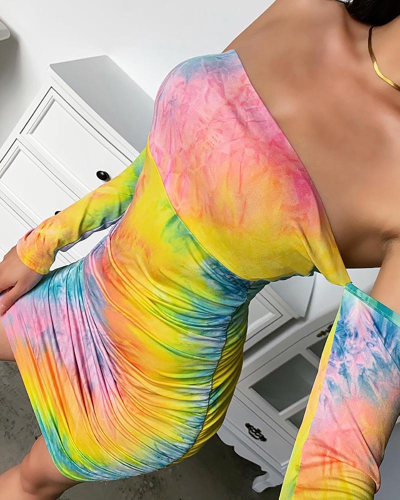 

Off Shoulder Tie Dye Print Ruched Bodycon Dress, Multicolor