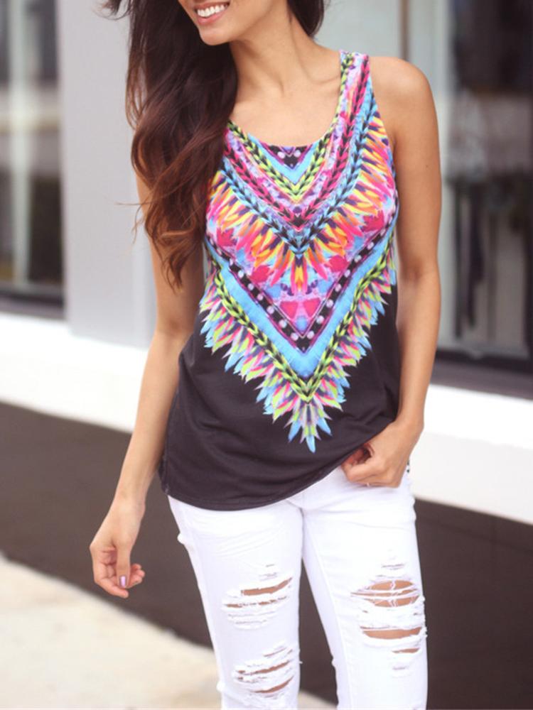 

Digital Print Crew Neck Vest Top, Green;white;black;hot pink