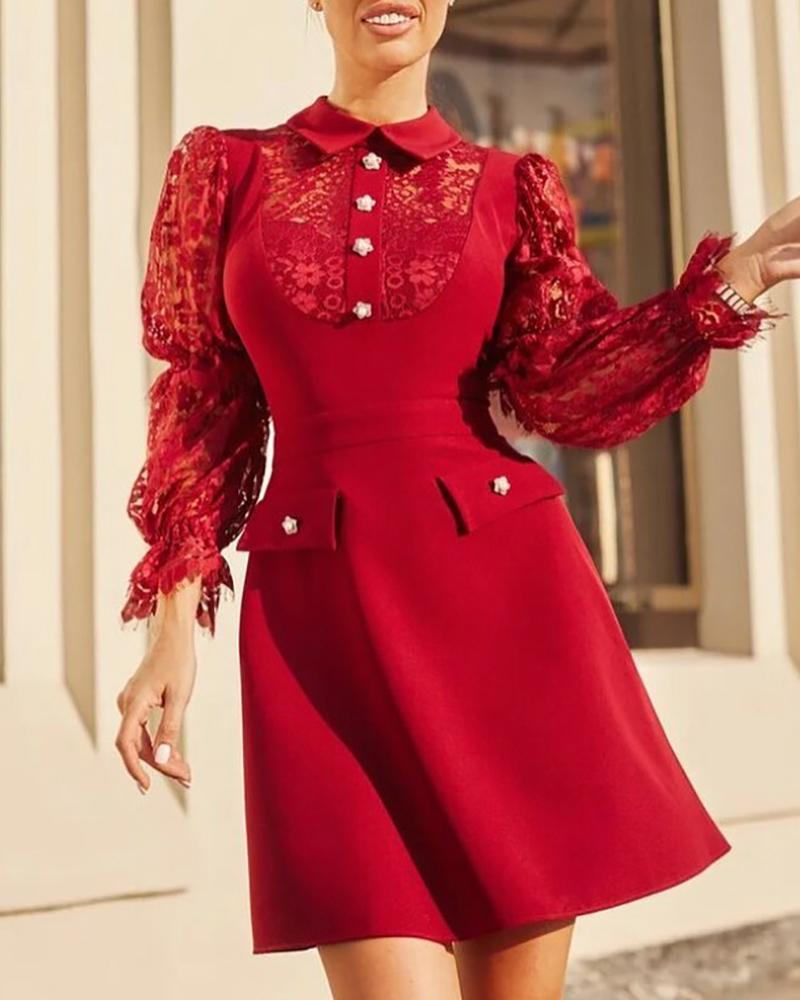 

Mesh Lace Hollow Out Buttoned Mini Dress, Red