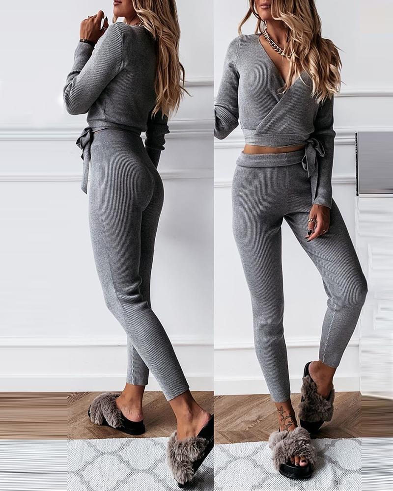 

Solid Tied Detail Wrap Crop Top & High Waist Pants Set, Gray