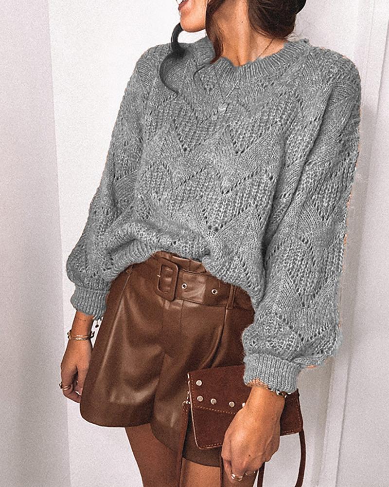 

Plain Hollow Out Long Sleeve Knit Sweater, Gray
