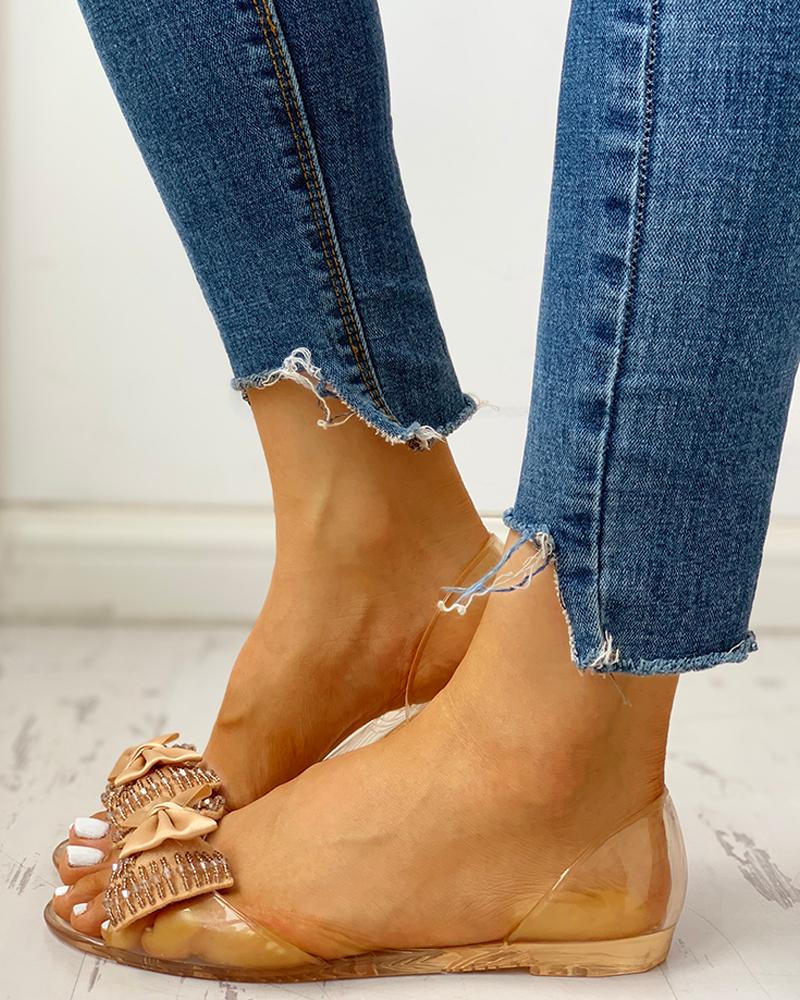 

Transparent Beaded Bowknot Flat Shoes, Apricot