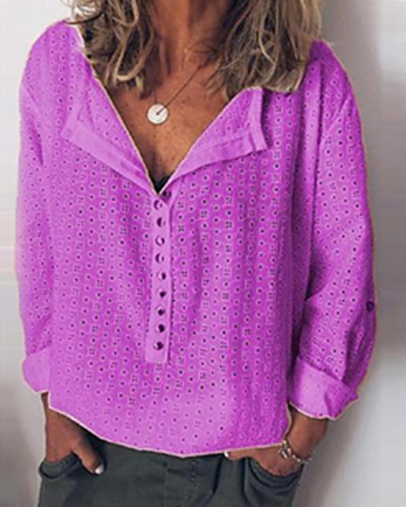 

Hollow Out V Neck Blouse, Purple