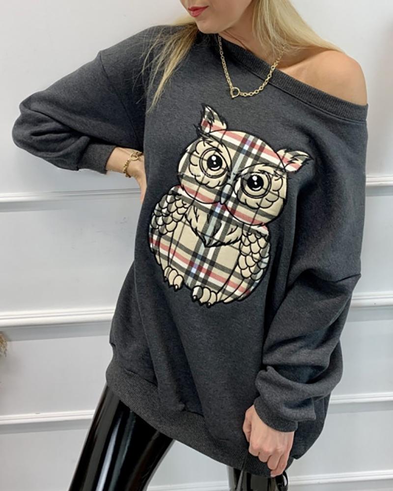 

Owl Print Long Sleeve Casual Sweatshirt, Gray