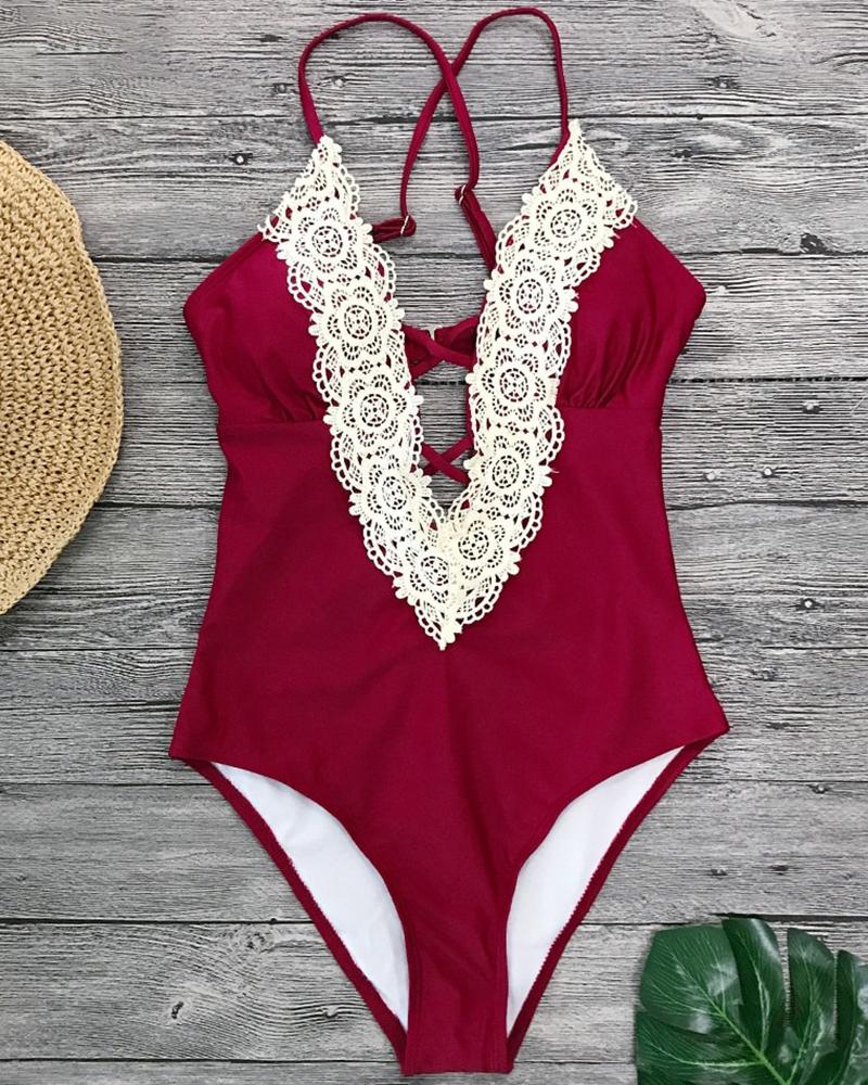 

Halter Lace Trim One-Piece Swimsuit, Wine red