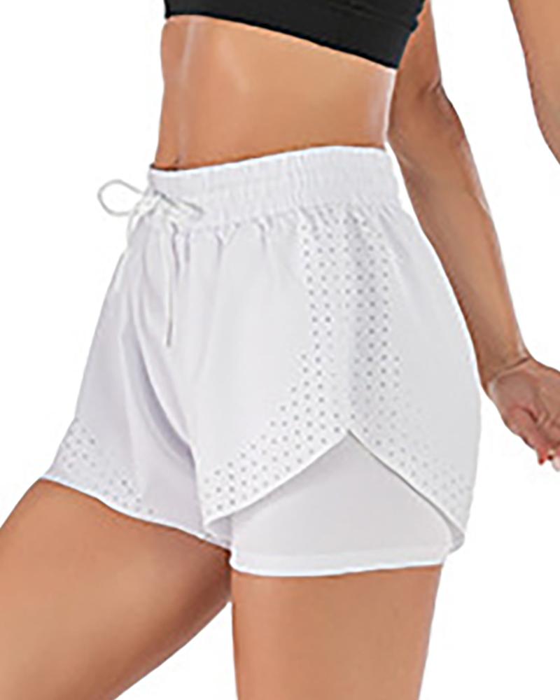 

Drawstring Layered Hollow Out Sporty Shorts, White