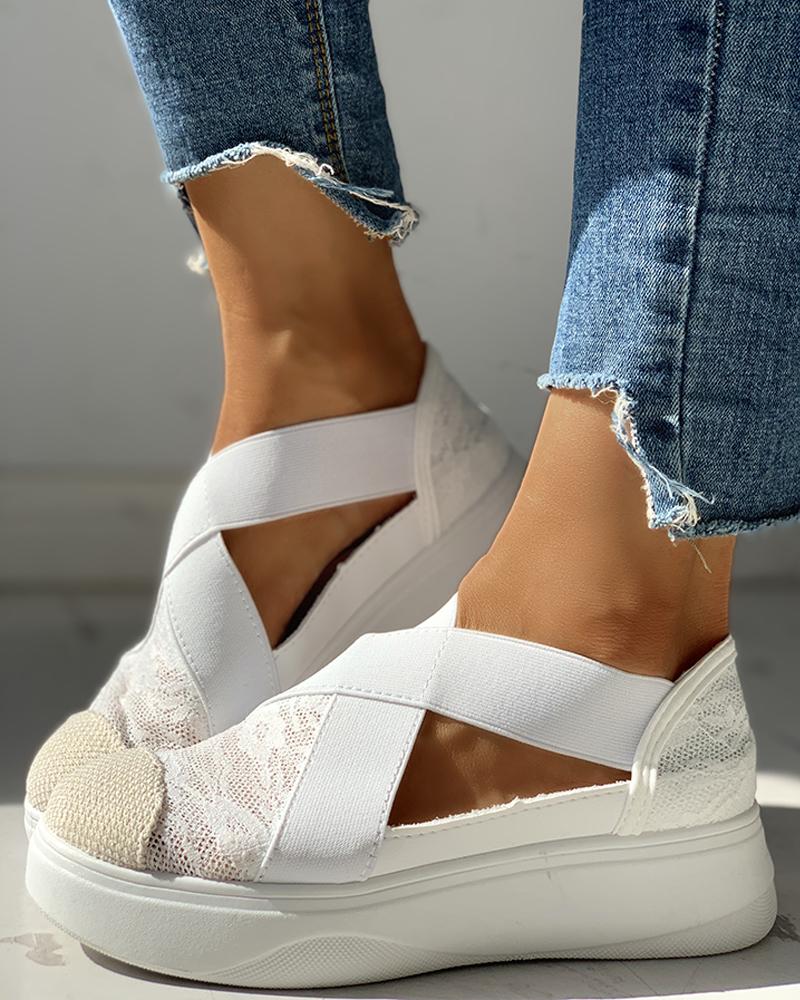 

Lace Hollow Out Casual Flat Shoes, White