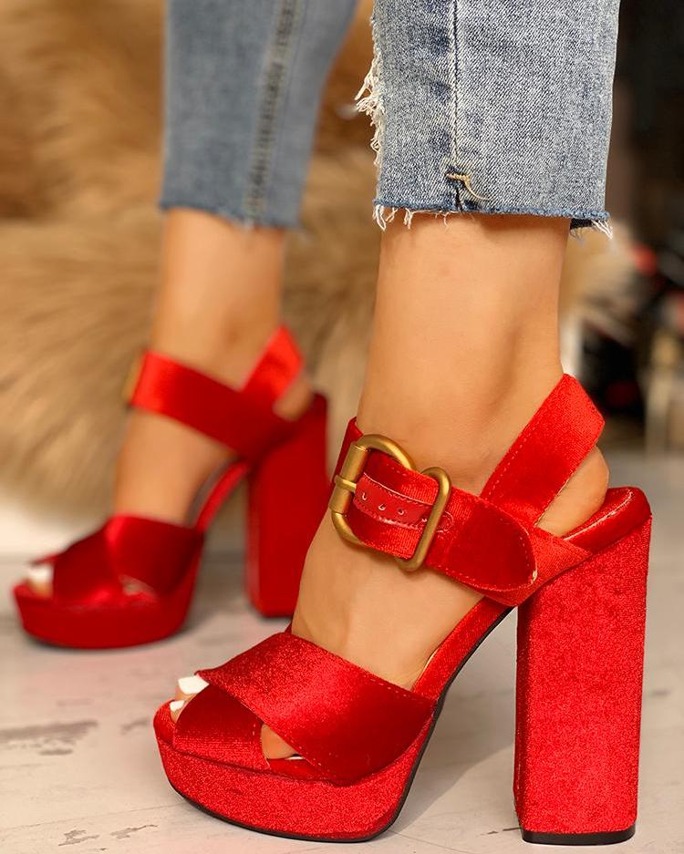 

Crisscross Buckle Chunky Heeled Sandals, Red