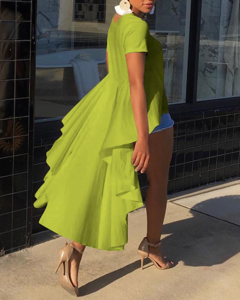 

Short Sleeve Solid Color Dip Hem Top, Green
