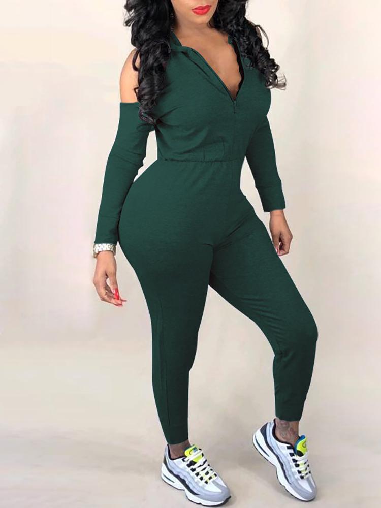 

Cold Shoulder Hooded Quarter Zip Jumpsuits