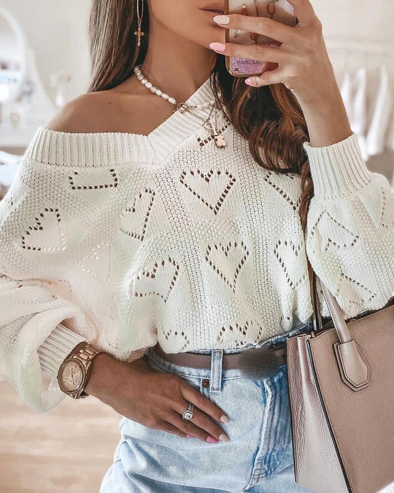 

Hollow Out Heart Pattern Sweater, Beige
