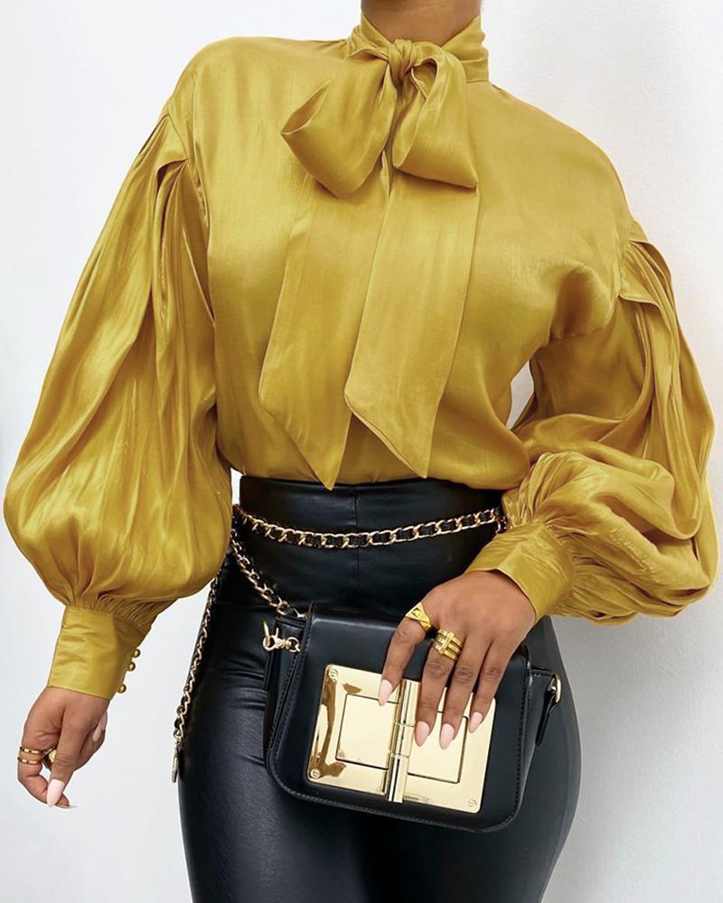 

Solid Lantern Sleeve Bowknot Blouse, Yellow