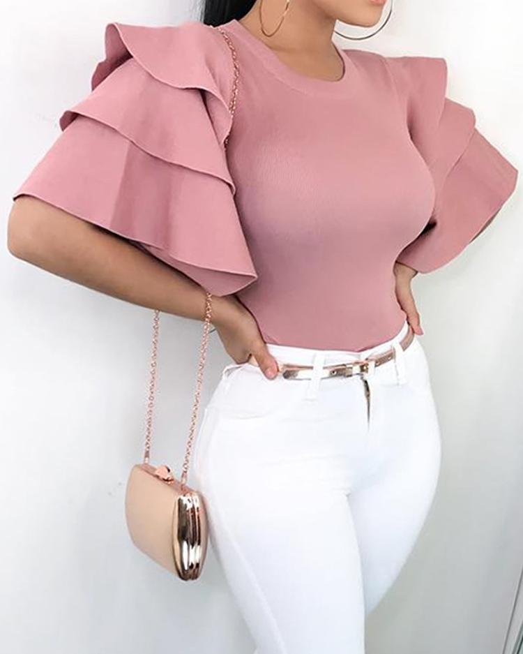 

Roundneck Ruffle Sleeve Blouses Casual Tops