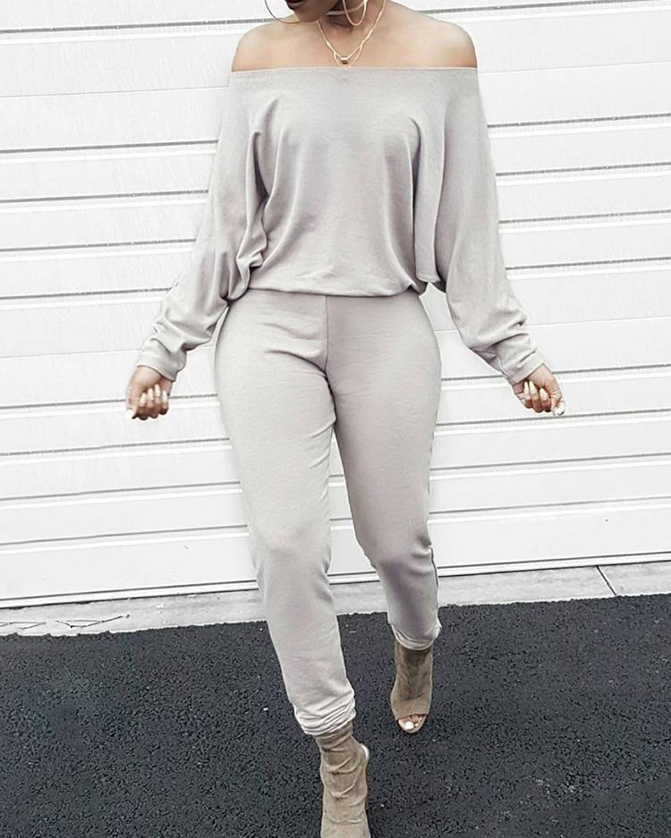 

Fashion Solid Off Shoulder Shirring Waist Jumpsuit, Gray