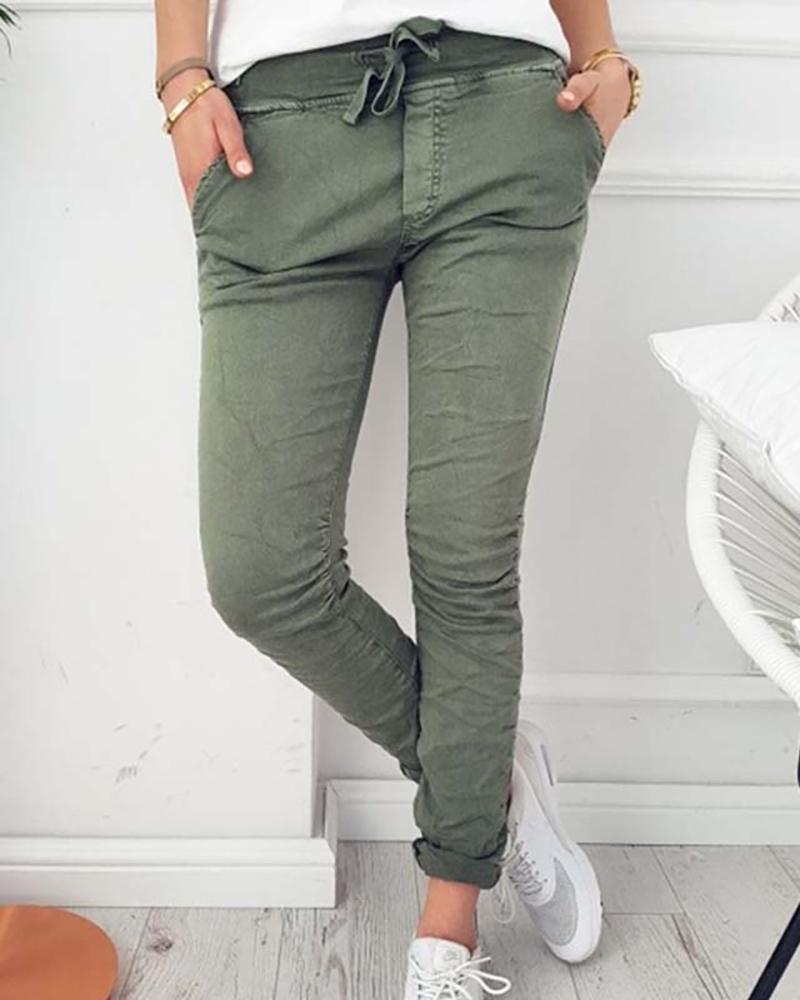 

Solid Color High Waist Pants, Army green