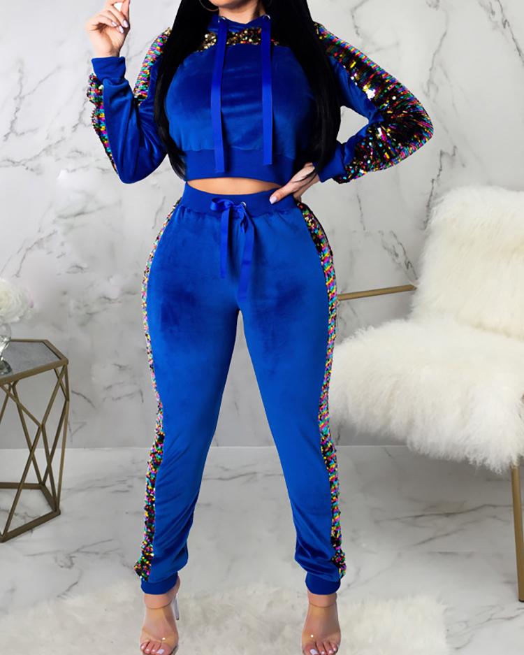 

Contrast Sequin Insert Velvet Hooded Top & Pant Sets, Blue