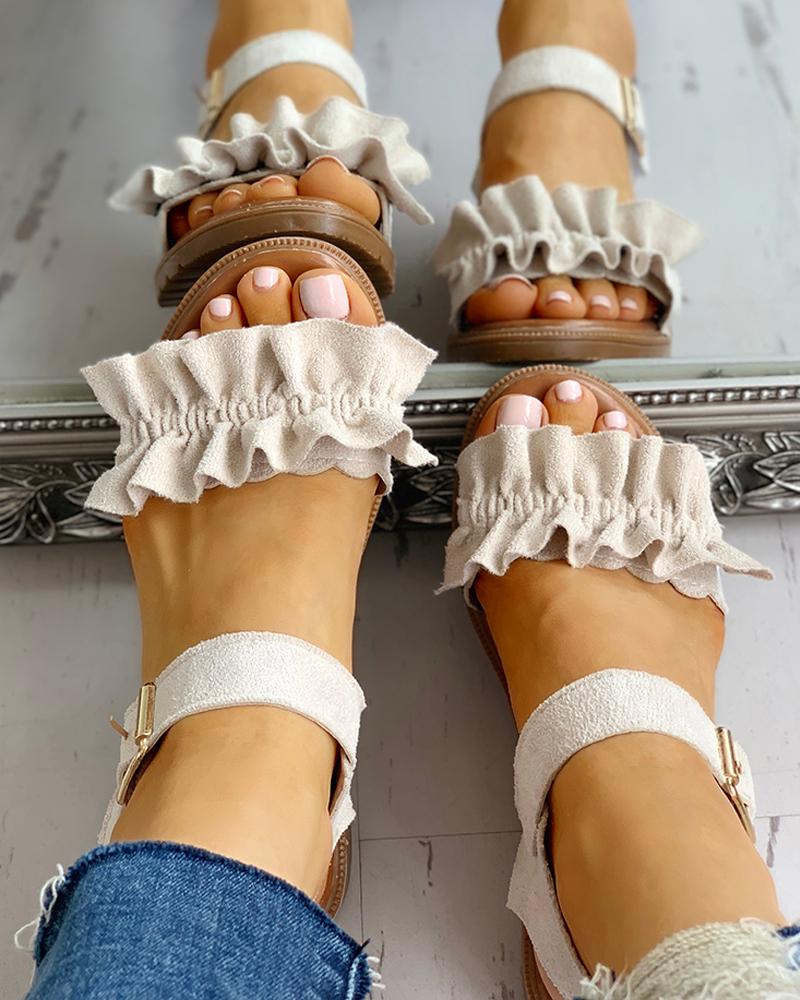 

Ruched Frill Hem Casual Sandals, Apricot