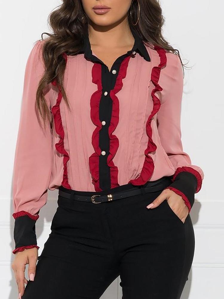 

Ruffles Detail Button Design Casual Blouse, Pink